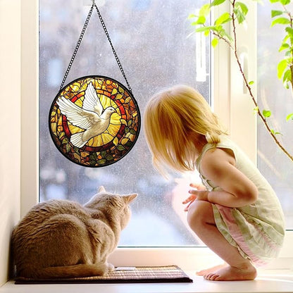 Stained Glass Window Hanging, Flying White Dove Sun Catchers Diamond Glass Panel Hangings Cute Birds Suncatcher Decor for Birthday for Women, Men, Wife, Aunt,and Mom 7.8X7.8IN