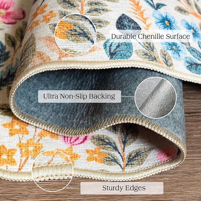 Front Door Mat Indoor Entrance - 2x4.3 Beige Colorful Floral Washable Layered Doormat Outdoor Entrance Porch Rug Non-Slip Boho Runner Rug for Kitchen Hallway Bedroom Laundry Room Porch Decor
