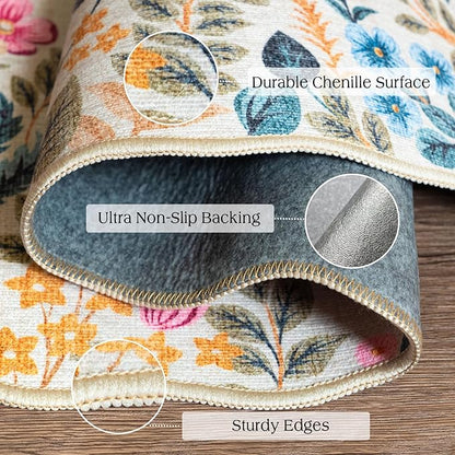 Front Door Mat Indoor Entrance - 2x4.3 Beige Colorful Floral Washable Layered Doormat Outdoor Entrance Porch Rug Non-Slip Boho Runner Rug for Kitchen Hallway Bedroom Laundry Room Porch Decor
