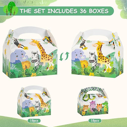 DjinnGlory 36 Pack Safari Woodland Animals Treat Boxes Gable Boxes Party Favor Gift Boxes for Baby Shower, Birthday Parties, Small Business 6.18 x 3.58 x 3.38 Inches