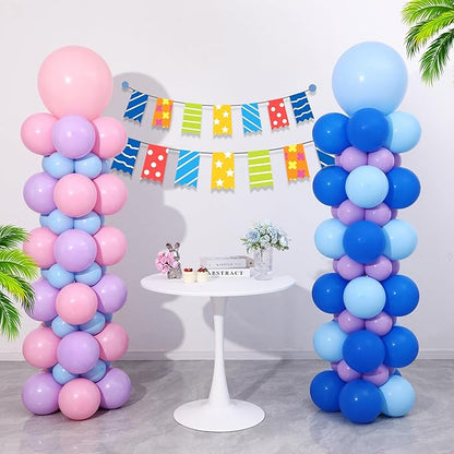 Blue Pink and Purple Balloon Column Stand Kit Set of 2, 140PCS Balloon Towers Set of 2 Pink Blue Purple Balloon Arch Kit for Gender Reveal Summer Tropical Cartoon Birthday Party Decorations