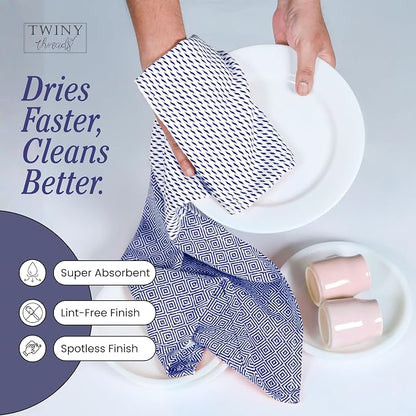 TWINY threads Dish Towel Diamond Pattern, Premium 100% Cotton Kitchen Linen Set, Large Wash Rags for Drying Dishes, Absorbent Quick Drying, Reusable, 4 Pack, 18"x26", Indigo Blue