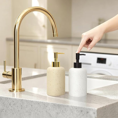 13.5 oz Bathroom & Kitchen Countertop Soap Dispenser, Travertine-Look Durable Resin Bottle with ABS Pump (White)