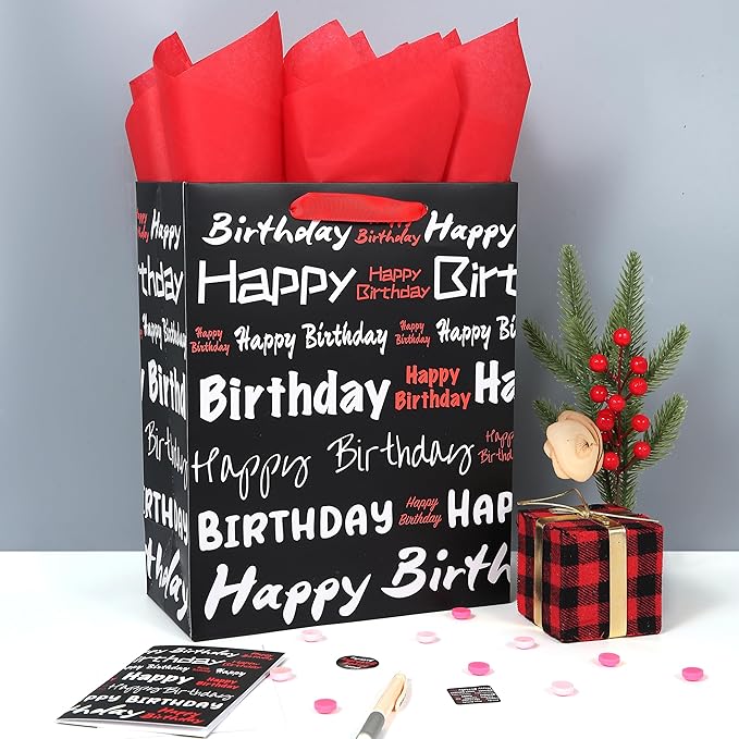 wishinside 13" Large Black Gift Bag Set with Greeting Card and Tissue Papers (White & Red Happy Birthday) for Men's or Women's, Boys, Girls or Kids Party, Baby