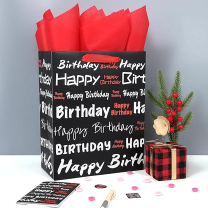 wishinside 13" Large Black Gift Bag Set with Greeting Card and Tissue Papers (White & Red Happy Birthday) for Men's or Women's, Boys, Girls or Kids Party, Baby
