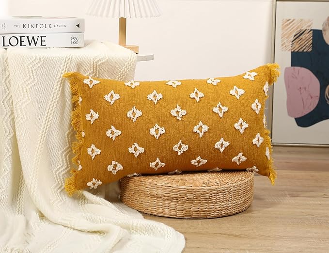Boho Long Lumbar Pillow Cover 14x24 with Tassel,3D Flower Patterned Cotton Decorative Long Lumbar Pillow Cover Pillow Case for Sofa Couch Bed Livingroom Farmhouse,Yellow