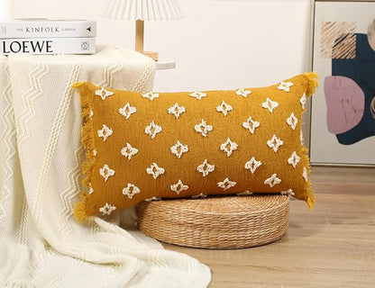 Boho Long Lumbar Pillow Cover 14x24 with Tassel,3D Flower Patterned Cotton Decorative Long Lumbar Pillow Cover Pillow Case for Sofa Couch Bed Livingroom Farmhouse,Yellow