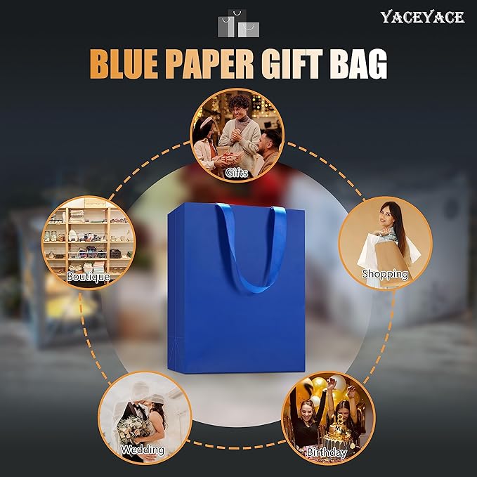 Blue Medium Gift Bags, 20Pcs 8x4.25x10.5 Inch, Wedding, Birthday, Party, Blue Paper Gift Wrap Bags with Ribbon Handles