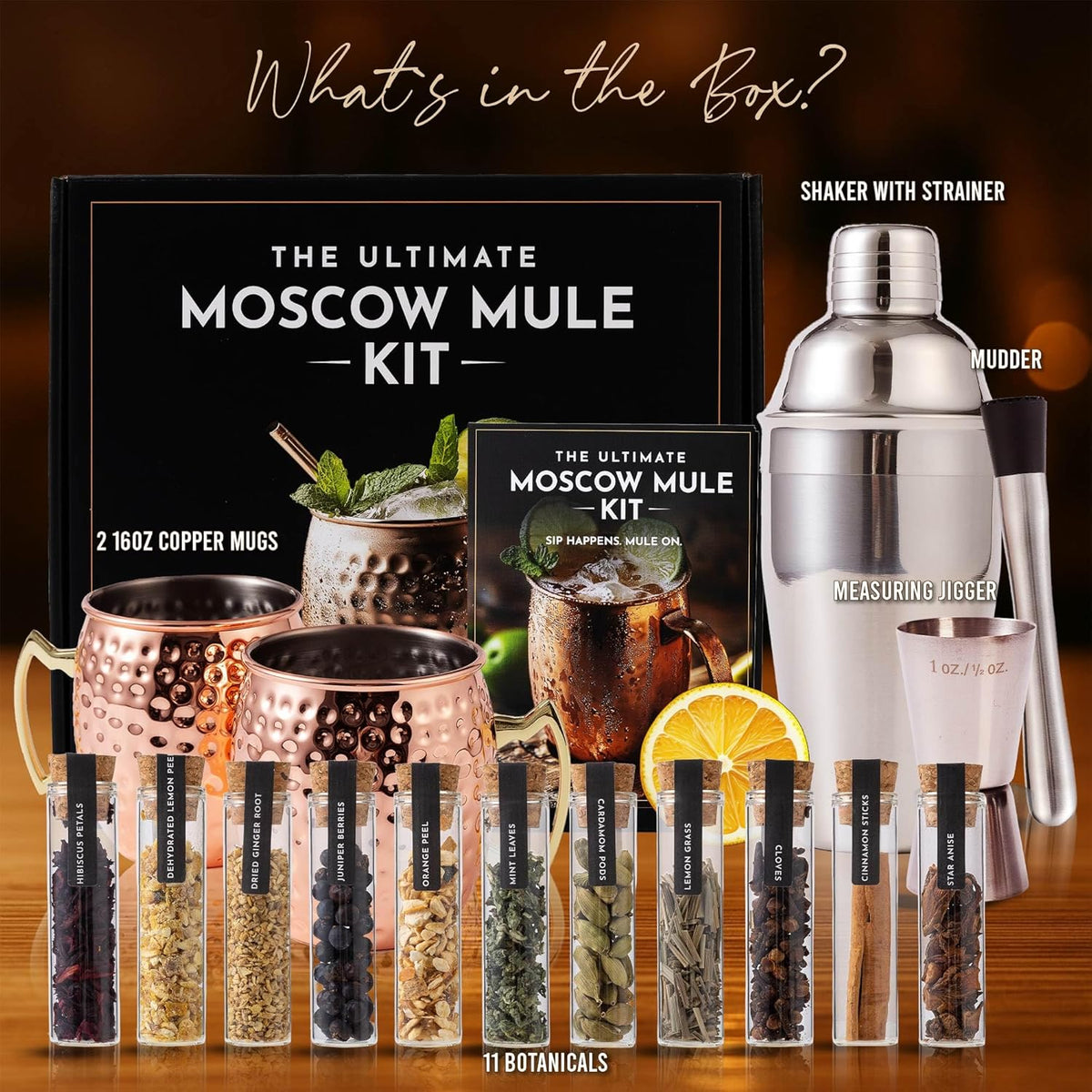 Moscow Mule Kit Gift Set - 2 Copper Mugs - 11 Botanicals - Stainless Steel Shaker & Jigger - Mudder - Recipe Book - Moscow Mule Cocktail Kit - Basket Gifts for Women - Unique Accessories for Infusion