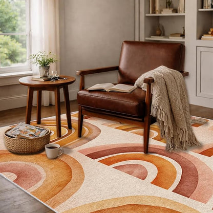 Retro Arcs Area Rug 8x10, Minimalist Arch Pattern Rug, Modern Retro Neutral Carpet for Living Room Bedroom, Non Slip Washable Rug