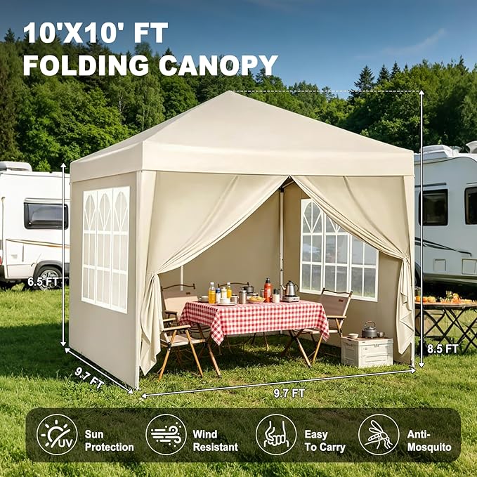 10x10 Pop Up Canopy Tents for Parties, Portable Outdoor Tent with Carry Bag & 4 Sandbags, for Wedding, Patio Events, Commercial, Birthday, Graduation (Beige, 10x10)