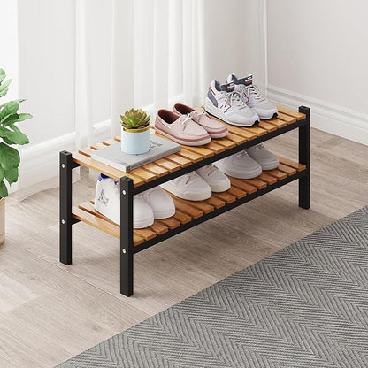Bamboo Shoe Rack Organizer for Closet and Entryway - Space-Saving Narrow Shoe Stand - Versatile Shoe Holder for Door or Closet Shelf, Garage Bedroom can Freely Stack DIY Small Shoe Racks 2 Tier