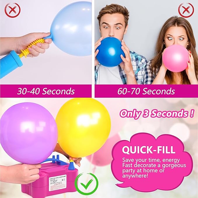 Electric Balloon Pump, Portable Electric Air Balloon Pump Dual Nozzle Air Blower Pump 110V 600W Rose Red Balloon Inflator for for Party Decorations