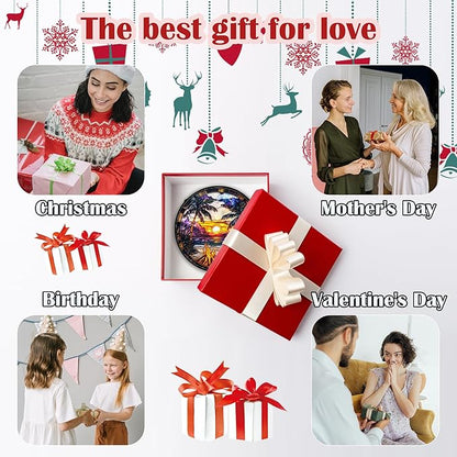 Stained Glass Window Hanging,Bonfire Beach Landscape Suncatcher Diamond Glass Panel Sun Catchers Decor for Birthday for Women, Men, Wife, Aunt, and Mom 14.9x14.9 in