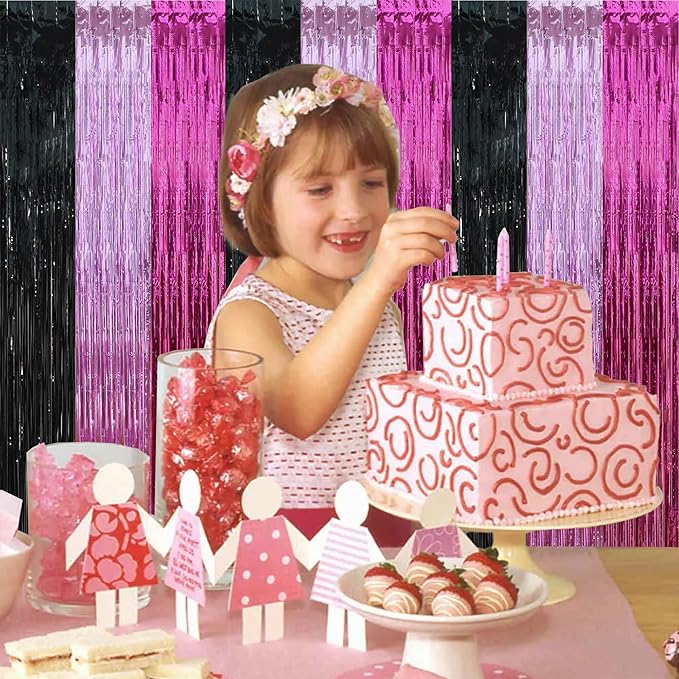 BEISHIDA 3Pcs Pink Black Hot Pink Door Streamer Colorful Backdrop Foil Fringe Tinsel Curtains Cartoon Mouse Backdrops for Birthday Baby Shower Children's Day Party Decoration (3.28 ft x 6.56 ft)