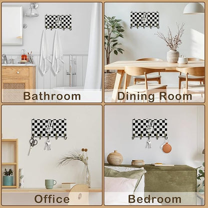 Black and White Checked Key Holder for Wall 10"x5.12", Boys Room Decor Key Hanger Wall Mount, Preppy Peace Sign Wooden Hanging Keys Holder Decor for Entryway Front Door Kids Room（5 Hooks）