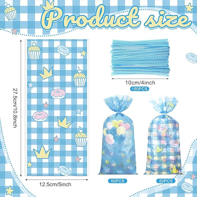 Marspark 100 Pcs Cartoon Cute Dog Party Favor Blue Goodie Bags with Ties 10.8 x 5 Inch Kawaii Themed Cellophane Candy Snacks Bags for Baby Shower Birthday Party Decorations