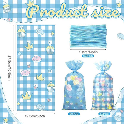 Marspark 100 Pcs Cartoon Cute Dog Party Favor Blue Goodie Bags with Ties 10.8 x 5 Inch Kawaii Themed Cellophane Candy Snacks Bags for Baby Shower Birthday Party Decorations