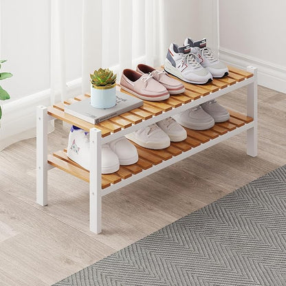 Bamboo Shoe Rack Organizer for Closet and Entryway-Space-Saving Narrow Shoe Stand-Versatile Shoe Holder for Door or Closet Shelf,Garage Bedroom can Freely Stack DIY Small Shoe Racks 2Tier Mixed color