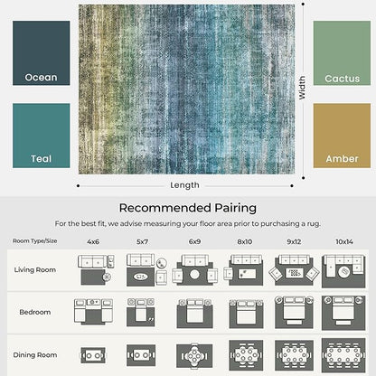 Kokia Abstract Teal Area Rugs 8x10 Bedroom Soft Living Room Rugs Washable Distressed Vintage Comfy Carpet with Non-Slip Backing for Farmhouse Home Office Room Decor, Blue and Green