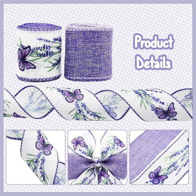 2 Rolls Lavender Wired Edge Ribbon - 2.5 Inch, 5 Yards Each, Spring Summer Lavender Grosgrain with Wired Edge for Wedding Decor, Gift Wrapping & DIY Crafts, Mother's Day Gift