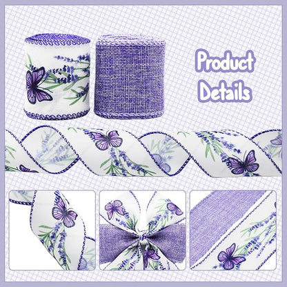 2 Rolls Lavender Wired Edge Ribbon - 2.5 Inch, 5 Yards Each, Spring Summer Lavender Grosgrain with Wired Edge for Wedding Decor, Gift Wrapping & DIY Crafts, Mother's Day Gift