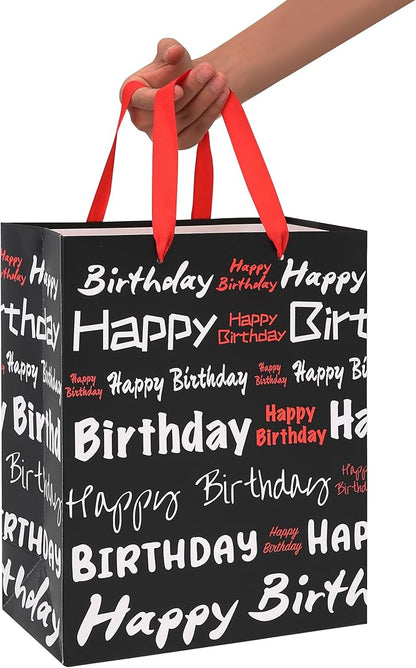 wishinside 13" Large Black Gift Bag Set with Greeting Card and Tissue Papers (White & Red Happy Birthday) for Men's or Women's, Boys, Girls or Kids Party, Baby
