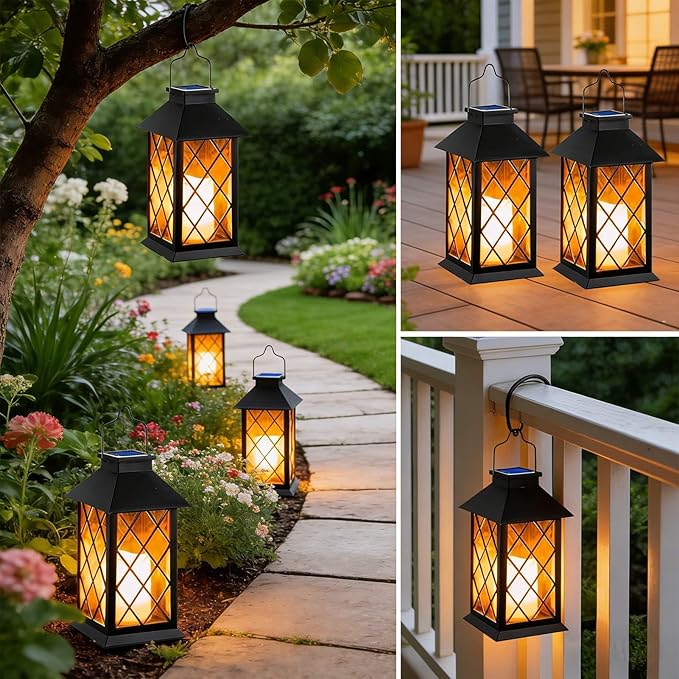 Solar Lanterns Outdoor Waterproof, 2 Pack 9" Glass Hanging Solar Lights with Flickering Flameless Candle, Outdoor Lanterns for Patio Wall Porch Table Garden Tree, Gift for Women Mom - Black
