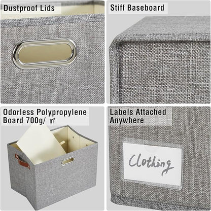 15" Large Collapsible Storage Bins with Lids, Stackable Closet Organizers with PU Handle and Labels, 3-Pack Decorative Fabric Storage Boxes for Home, Bedroom, Closet, Office, Nursery(Gray)