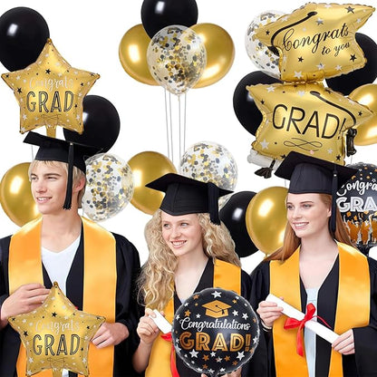 21 PCS Graduation Decorations Balloons, Black and Gold Balloon Grad Cap Round & Star Foil Balloons Congrats Grad for Boy Girls Graduation Party Decorations Supplies