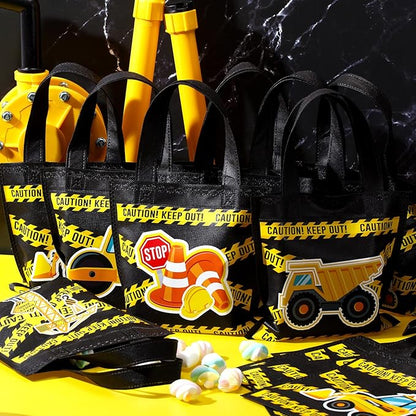 Photect 24 Pcs Construction Party Favors Construction Theme Gift Bags Dump Truck Non Woven Mini Tote with Handles Excavator Tractor Candy Goodie Treat Package for Birthday Party Decorations Supplies