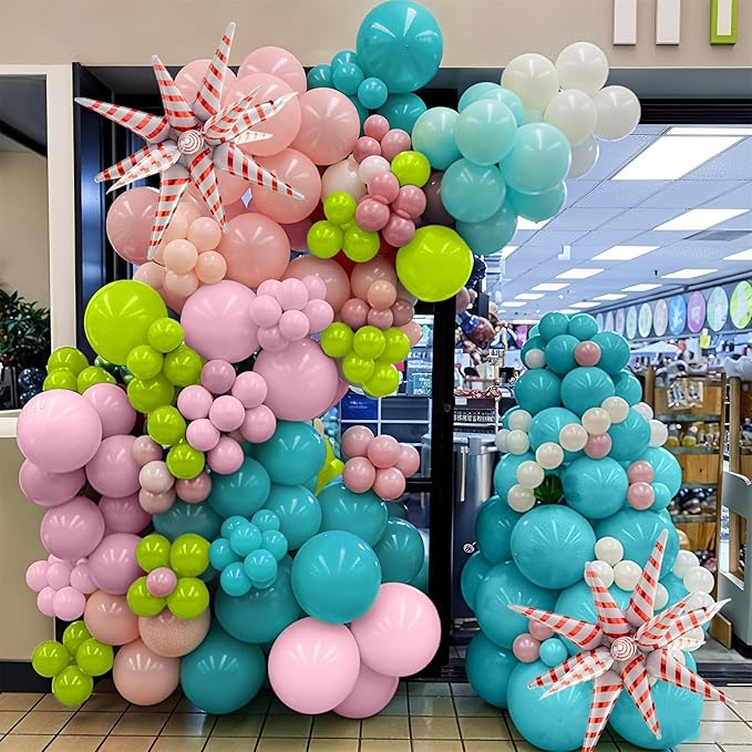 136PCS Christmas Balloon Garland Arch Kit, Pink Green Blue Balloons with Explosion Star Mylar Foil Balloons Set for Women Girl Xmas Birthday Wedding Baby Shower Candy Christmas Party Decorations