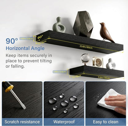 Floating Shelves for Wall, Bathroom Shelves Over Toilet, Wall Shelves & Book Shelf for Room, Hanging Shelf, Modern Wooden Mounted Floating Shelves, 24x7x1.5 in (Black, Set of 3)