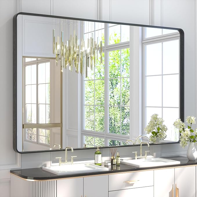 TETOTE 60 x 40 Inch Black Frame Mirror, Bathroom Vanity Mirror for Wall, Modern Rectangle Round Corner Matte Framed Mirror (Horizontal/Vertical)