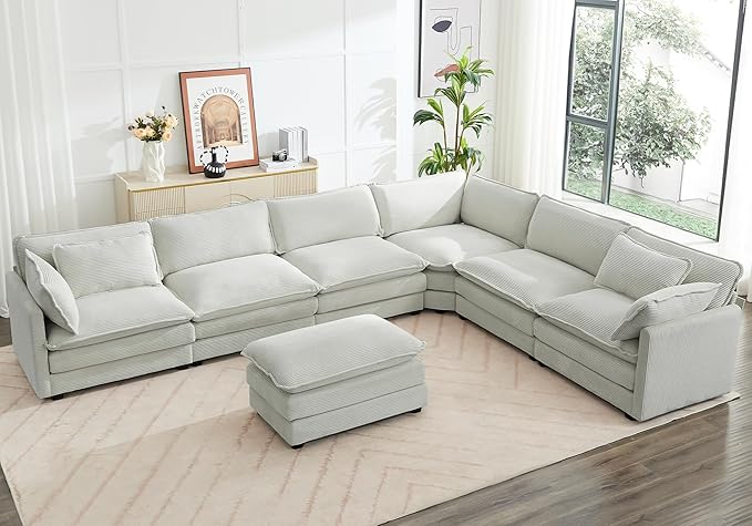 ROWHY 150'' Modular Sectional Corner Cloud Couch, 7 Seater Sofa Big Comfy Corduroy V Shaped Couch with 4 Throw Pillows, Movable Ottoman, Couches for Living Room Office Light Grey