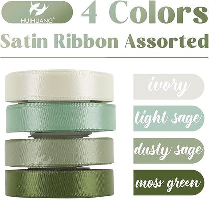 HUIHUANG Sage Green Satin Ribbon 1/2 inch x 4 Rolls Ivory/Sage/Dusty Sage/Moss Green Ribbon for Gift Wrapping DIY Crafts Hair Bows Flower Bouquets Wedding Decor- Total 40 Yards