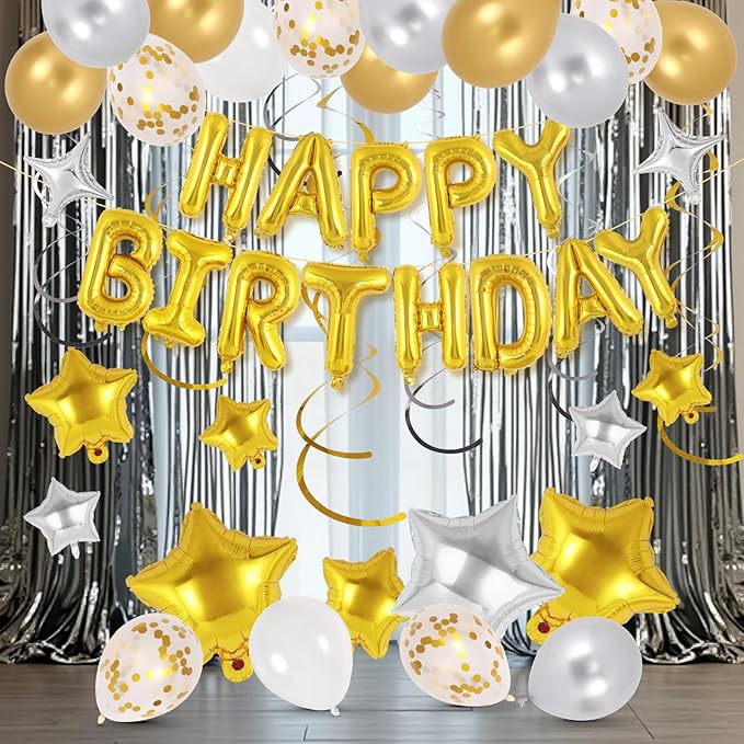 55 Pcs Happy Birthday Balloons Letters Banner with 35 Pcs Star Foil Balloon, 20 Pcs Latex Balloons, 6 Hanging Swirls for Women Men Boys Girls Birthday Party Decorations Set ﻿ (Gold)