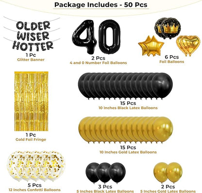 KatchOn, Happy Birthday Decorations Set - Pack of 50 | Older Wiser Hotter Banner, Latex Balloons Arch Kit, Gold Foil Fringe, Star, Round, Heart Foil Balloons | 40th Birthday Decorations for Women, Men