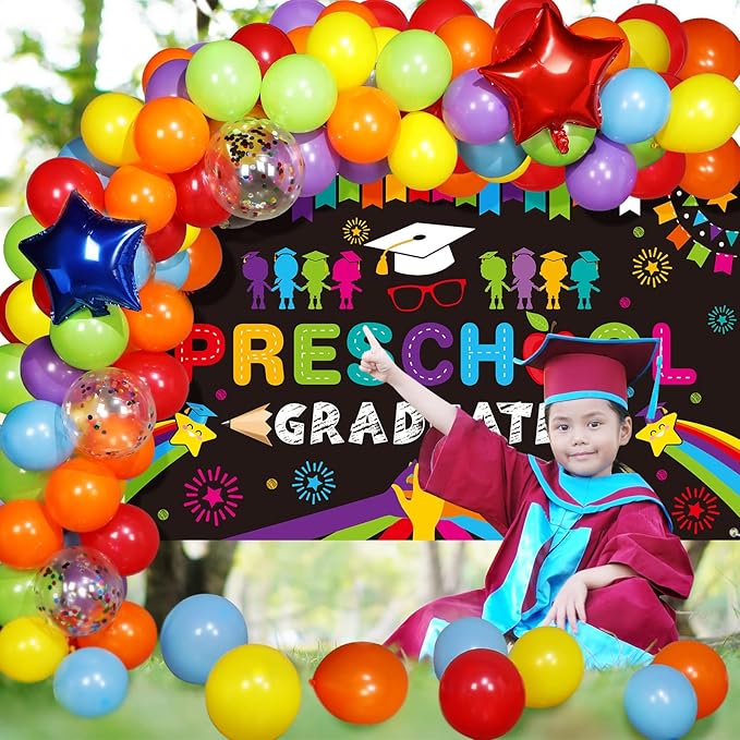 Oudain Kindergarten 2026 Graduation Party Decorations Kit Includes Preschool Graduation Backdrop and Balloon Garland for 2026 Pre Elementary Celebration Decoration Party Supplies(Black)