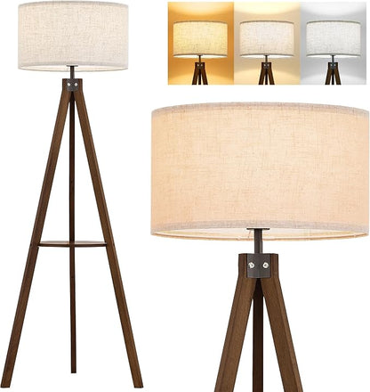 ELYONA Tripod Floor Lamp with Table, Mid Century Wood Shelf Standing Light Modern Tall Floor Lamp with Linen Shade for Living Room Bedroom Office,Dark Brown, 3 Color Temperatures LED Bulb Include