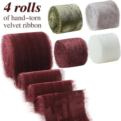 Canlierr 4 Roll Valentine's Day Silk Velvet Ribbon for Gift Wrapping Fringe Fabric Frayed Velvet Ribbon Raw Edge for Valentine Day Party Wedding Decor Bouquet Basket Hair(Fresh Color,2 in X 16 yd)