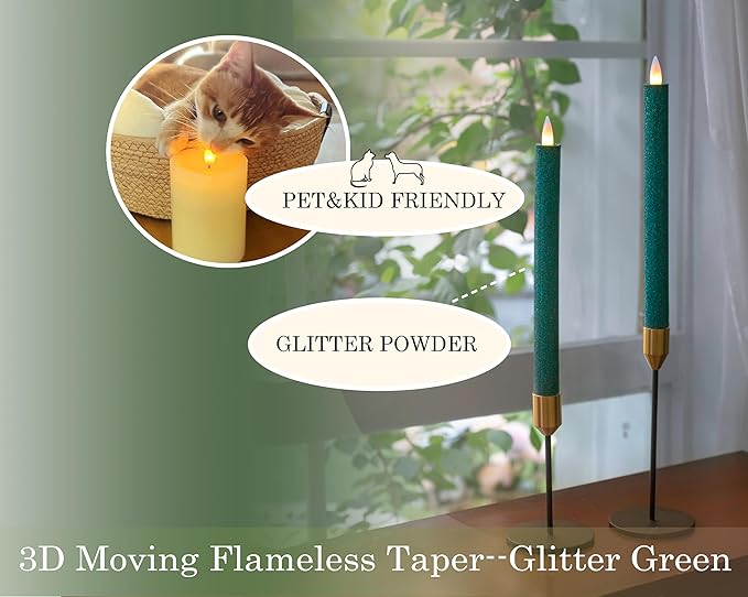 Flameless Taper Candles Flickering with Remote and Timer, 3D Moving Flame Taper Candle Battery Operated to 400 Hours, 9 Inch Window Candles, (Glitter Green)