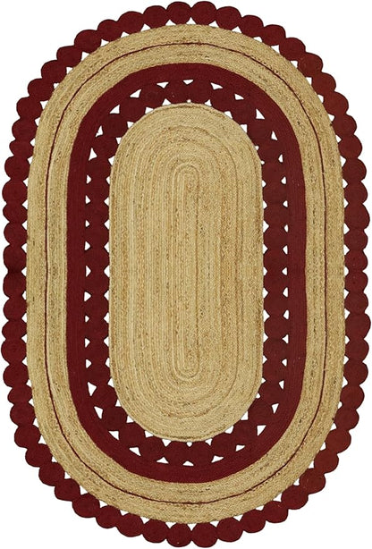 2x12 Flatweave Runner – Handmade Boho Oval Rug, 0.27" Thick, Solid Red Beige Flatweave, Hand Braided Jute Kilim Carpet for Hallway, Staircase, Entryway, Corridor