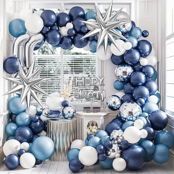 Blue Silver Balloon Arch Kit, Navy Blue Silver White Balloon Garland with Metallic Light blue silver Balloons Star Foil Balloons for Boys Men Birthday Wedding Graduation Baby Shower Party Decoration