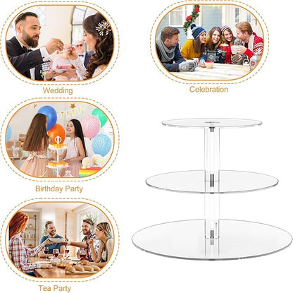 Acrylic Cupcake Stand, Clear Dessert Display Hoder Stand With Base for Wedding, Party, Baby Shower, Get-together, 3 Tier Round, Transparent