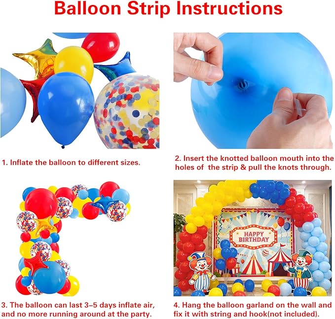 RUBFAC Carnival Circus Theme Party Decorations, Primary Color Balloon Arch Kit, 120pcs Red Blue Yellow Party Balloons Rainbow Confetti and Star Foil Balloons for Birthday Carnival Theme Decorations