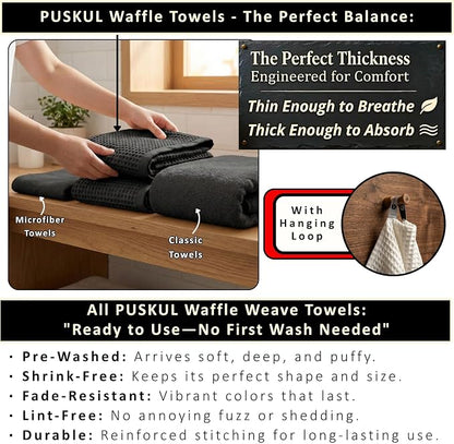 PÜSKÜL 4-Piece Natural 100% Turkish Cotton Luxury Waffle Towels for Bathroom | Premium Quality Honeycomb Weave 2 Hand Towel & 2 Bath Towel Set | Soft Absorbent Quick-Dry Lightweight Towels (Black)