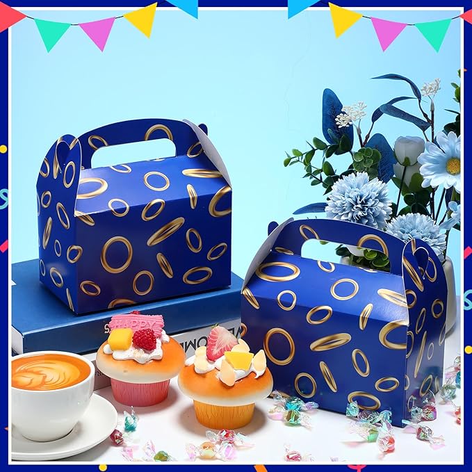 Marspark 48 Pack Blue with Gold Ring Party Favor Treat Boxes with Handles Theme Paper Goodie Candy Gift Gable Boxes for Video Game Birthday Party Decorations(Blue and Golden)