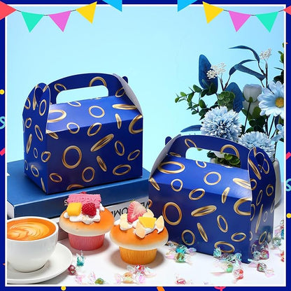 Marspark 48 Pack Blue with Gold Ring Party Favor Treat Boxes with Handles Theme Paper Goodie Candy Gift Gable Boxes for Video Game Birthday Party Decorations(Blue and Golden)