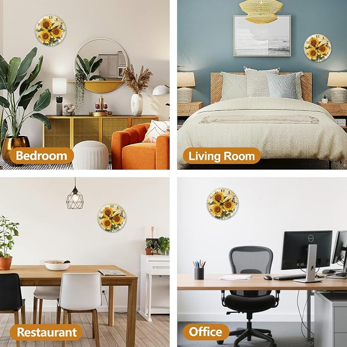 peacoblue Wall Clocks Battery Operated 12 Inch Sunflower Glass Round Wall Clock Non Ticking for Kitchen Living Room Dining Room Bedroom and Bathroom Decor Accessories (Battery not Included)